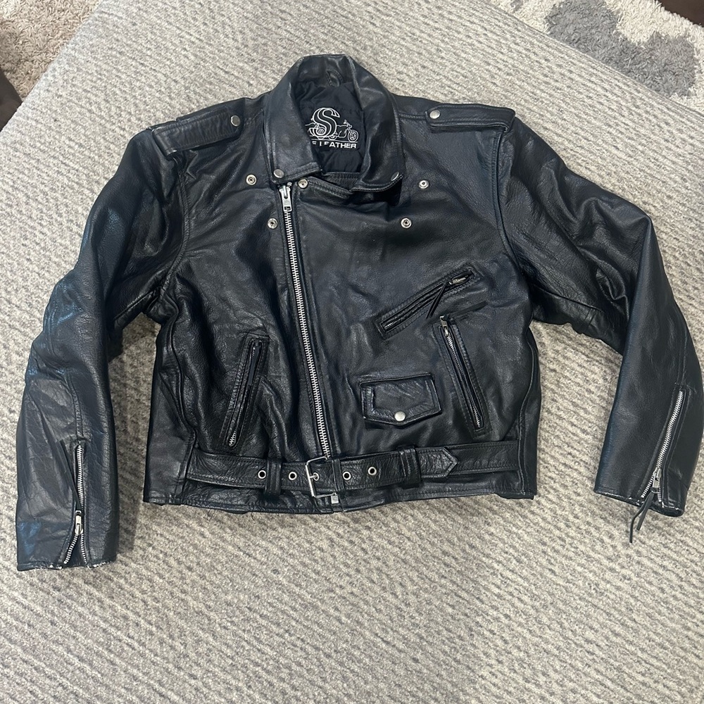 VINTAGE SHAF MENS BLACK LEATHER MOTORCYCLE JACKET